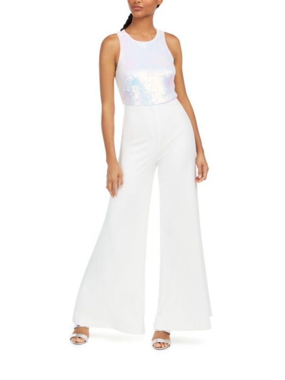 NWT CALVIN KLEIN White Wide-Leg Jumpsuit with Iridescent Sequin Bodice